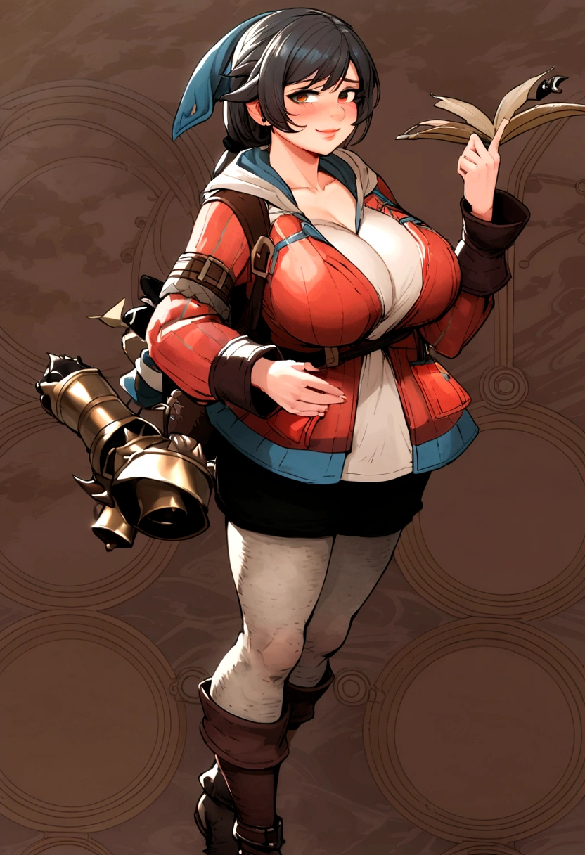 ((monsterhunter)), looking the viewer, solo, girl, shy, red cheek, bashful, embarrassed, smiling, perfect face, ((big breasts)), ((big boobs)),  long hair, beautiful eye, 