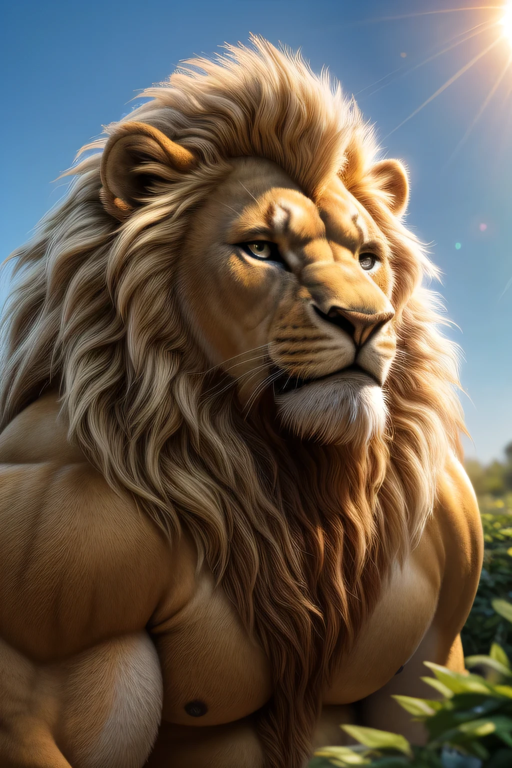 a male lion with a long flowing blonde mane, long and thick fur, werelion, long fur, beautiful detailed eyes, massive and obese body, big belly, fat belly, muscular arm, muscular pectorals, in a garden, shirtless, portrait, big smile, paw in front of the face to hide the eyes from the sun, (best quality,8k,highres,masterpiece:1.2),ultra-detailed,(realistic,photorealistic,photo-realistic:1.37),HDR,UHD,studio lighting,ultra-fine painting,sharp focus,physically-based rendering,extreme detail description,professional,vivid colors,bokeh,cinematic,extremely detailed eyes and face, correct anatomy