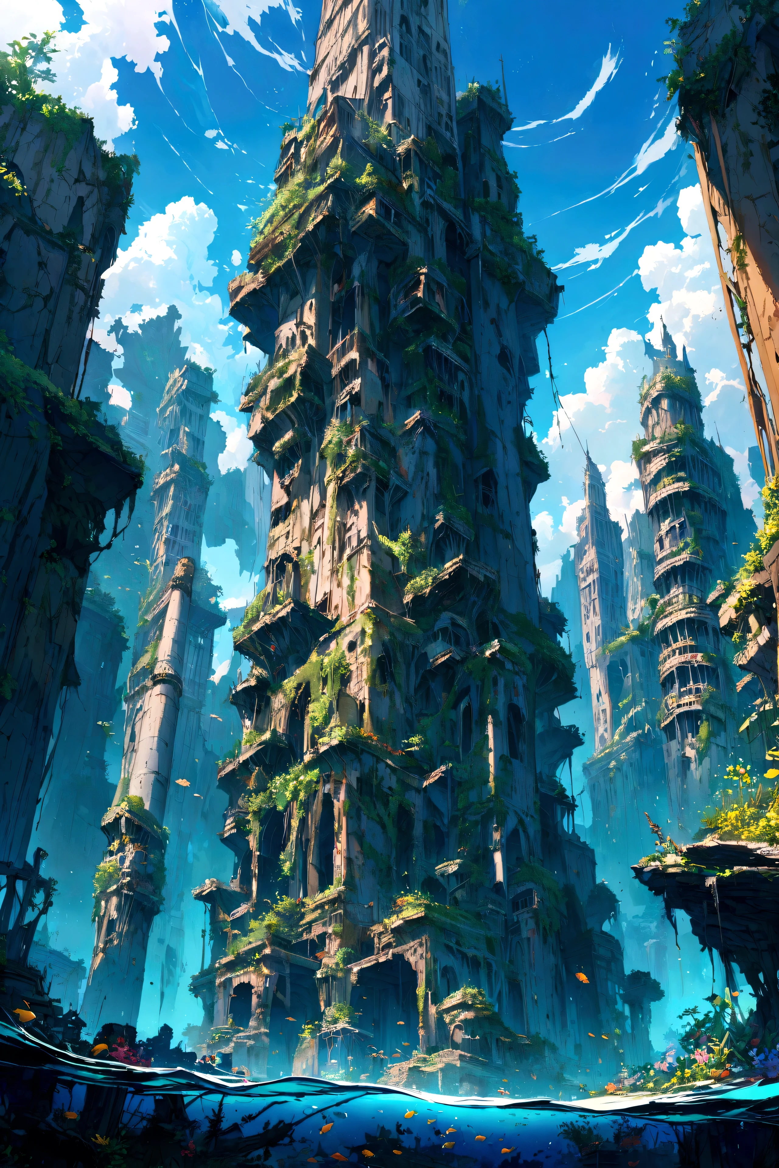 Submerged ruins of a tall tower, The world after civilization and humanity have disappeared, Blue sky seen from underwater, Uninhabited World, Beautiful Blue, High resolution, masterpiece, fine, 8K