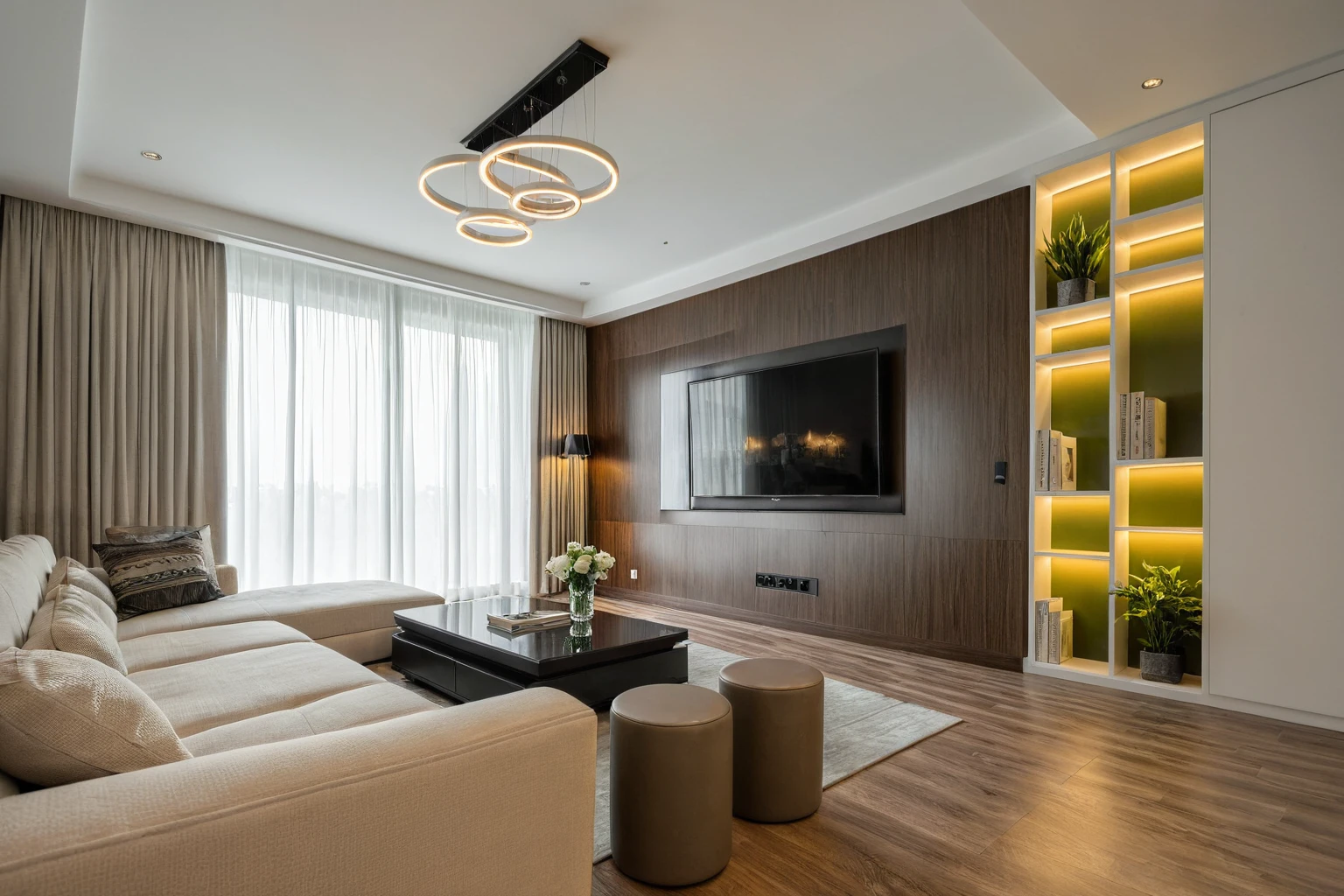 Masterpiece, HD, interior design, TV wall behind the TV, TV wall,French cream style, living room space, sofa, coffee table, green plants, floor-to-ceiling windows, curtains