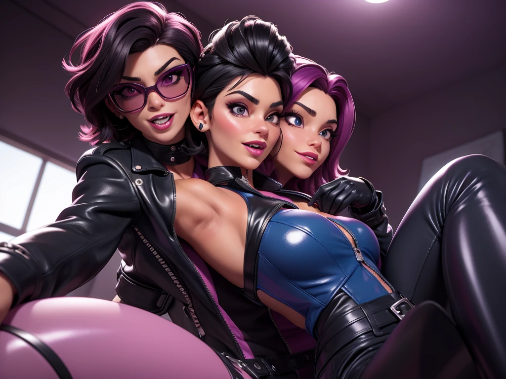 obra prima, melhor qualidade, ((annabella sciorra, tan skin, black bob hair,)) head back, sassy wicked, open mouth, ((big teeth smile, shiny periwinkle lipstick, sunglasses,)) thick smoky black eye shadow, long fake eyelashes, sticking tongue out, (cerulean blue leather jacket with bob shoulder,) biker jacket has stiff collar, leather blouse, (magenta pvc skinny pants unzip front,) studs zippers snaps, shiny leather gloves, nip slip, body is skinny, laying down hugging each other on sofa, shiny tight buttocks, arched back, mashing breasts, ((passionate kissing,)) camera view of whole body, looking up at me, shallow depth of field, highres, HD, 8k, anatomically correct
