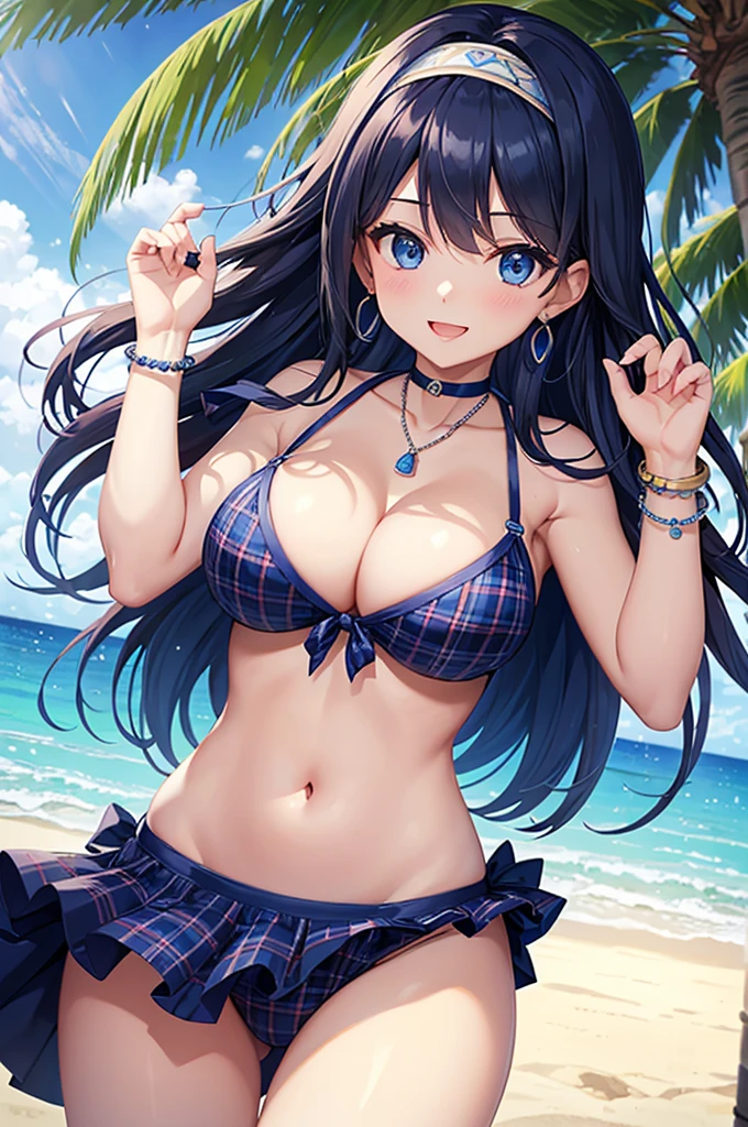 Highest quality、Highest quality、masterpiece、Beauty(Age 25)、(8K),Navy blue long hair、blue eyes、Sexy plaid bikini、Big cleavage、(Big Breasts),smile、blue necklace、Blue Earrings、background(Beach)、Please open your mouth wide、White headband、bracelet、Dynamic pose、Blue choker