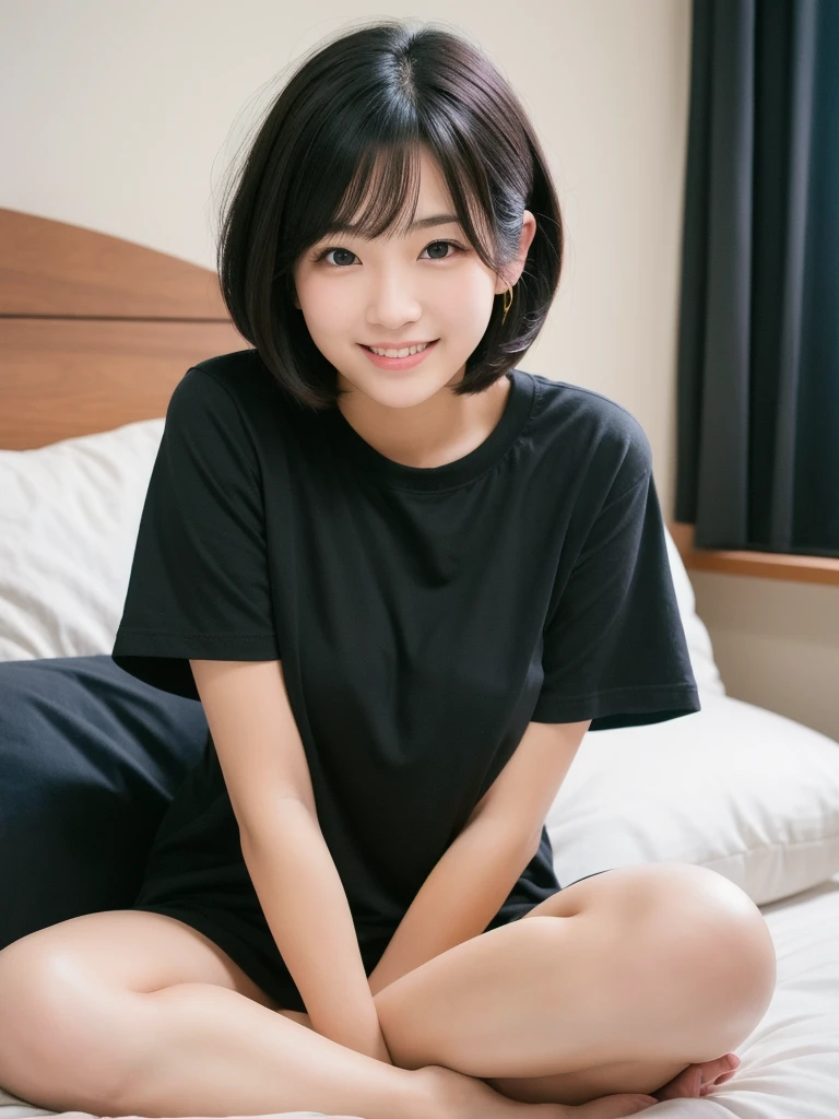 (8K, Realistic, RAW Photos, Highest quality: 1.4),Japanese idol-style beautiful girl,1 person,18-year-old,(Hairstyle(Short Bob,Black)),She has her hair tucked behind her ears,Large, clear grey eyes,Long eyelashes,She has small piercings in her ears,Fuller lips,(Tunic(Short sleeve)),Long legs,barefoot,Her Room,(On the bed(sitting cross-legged)),Hugging a stuffed animal,Smiling at the camera,Front view,Full body portrait