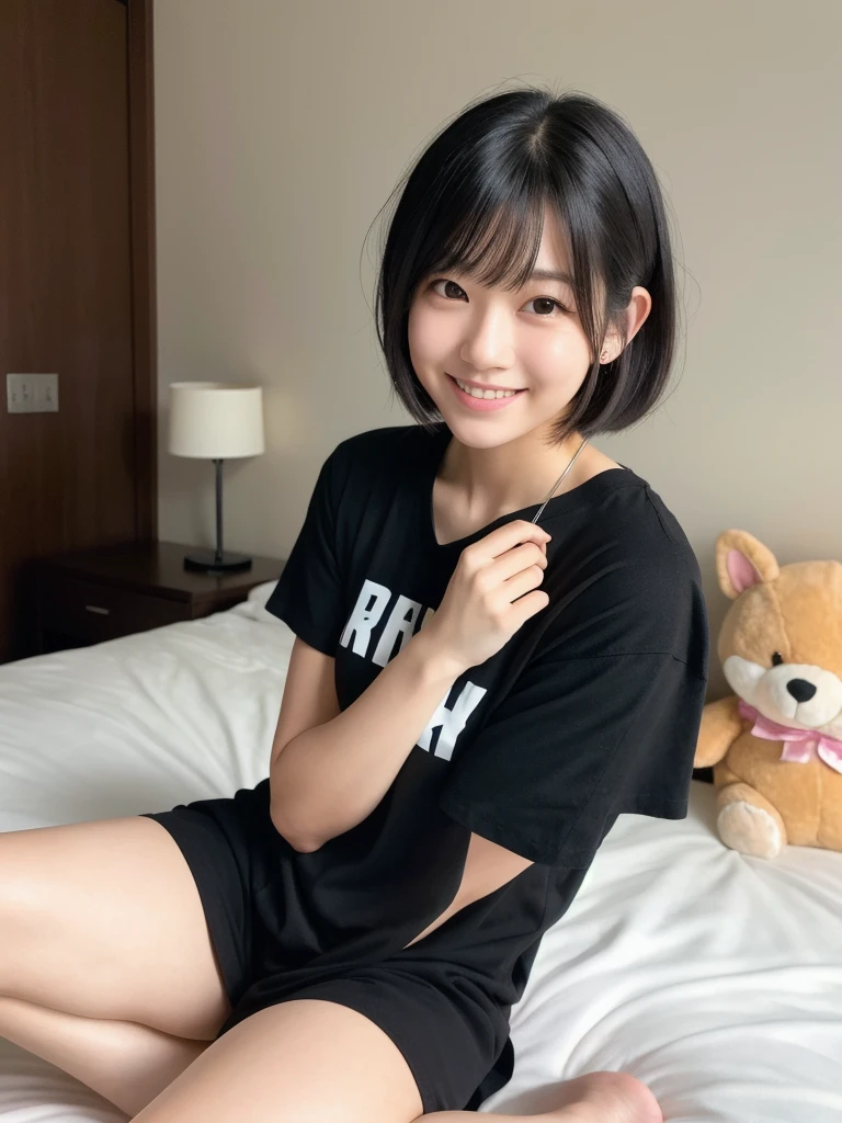 (8K, Realistic, RAW Photos, Highest quality: 1.4),Japanese idol-style beautiful girl,1 person,18-year-old,(Hairstyle(Short Bob,Black)),She has her hair tucked behind her ears,Large, clear grey eyes,Long eyelashes,She has small piercings in her ears,Fuller lips,(Tunic(Short sleeve)),Long legs,barefoot,Her Room,(On the bed(sitting cross-legged)),Hugging a stuffed animal,Smiling at the camera,Front view,Full body portrait