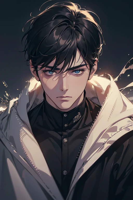(best quality digital art digital illustration 4k high resolution beautiful image hyper-detailed image perfect lines soft lighting night environment soft zoom perfect face) (1:1 photorealistic) (neutral colors hdr 1.4) an adult 25 year old man (melancholic expression) very beautiful eyes black medium black hair modern clothes (blurred dark background)