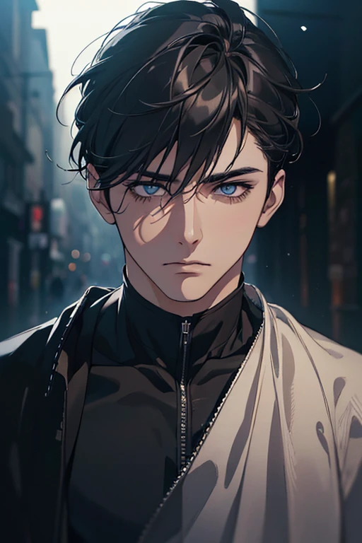 (best quality digital art digital illustration 4k high resolution beautiful image hyper-detailed image perfect lines soft lighting night environment soft zoom perfect face) (1:1 photorealistic) (neutral colors hdr 1.4) an adult 25 year old man (melancholic expression) very beautiful eyes black medium black hair modern clothes (blurred dark background)