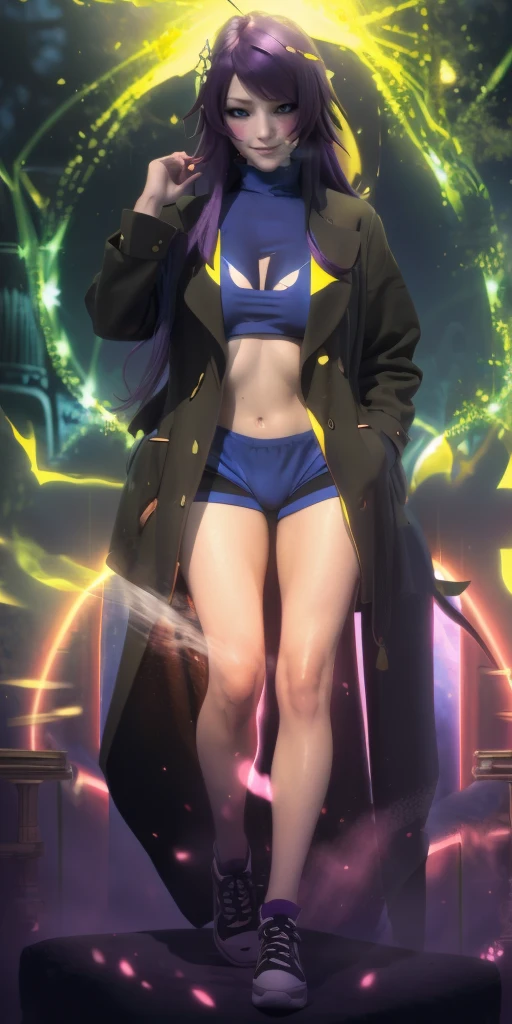 MC, ahoge, (long hari, purple hair:1.3), hair ornament, dark-blue eyes, anatomically correct, heavy breathing, mature female, 1girl, solo, pantyhose, standing, coat, full_body, looking_at_viewer, black_legwear, smile, casual, closed_mouth, shoes, turtleneck, simple_background, blush, bangs, jacket, tree, bamboo, forest, smoke, water drop, spotlight, bokeh, (bootyshorts:1.4), sneakers, hollow eyes, bright pupils, dark-blue eyes, looking at viewer. glowing eyes heavy breathing, seductive smile, (steaming face:1.3), blush face, lips,