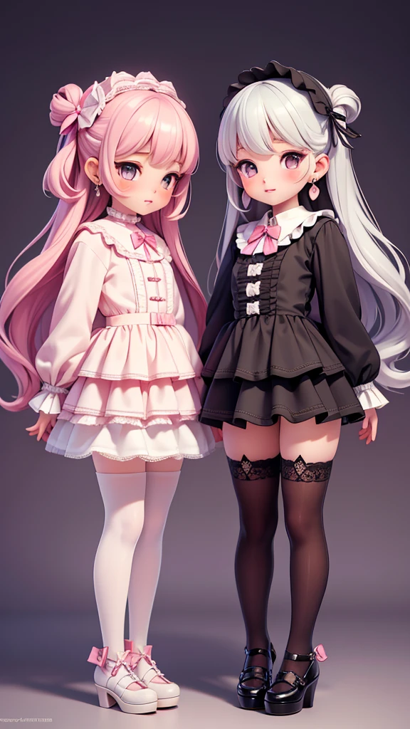 ((yuri, 2 girls)), (kawaii cute face), (petite bishojo), (puffy eyes), (masterpiece), (top quality), (hyper detailed), (super detailed skin), (8k), (crisp), (depth), (exquisite), (beautiful and aesthetic), (high standard), (high resolution), (perfect anatomy), (realistic), (full body), (nose blush), (earring), (lipstick), (classical lolita)