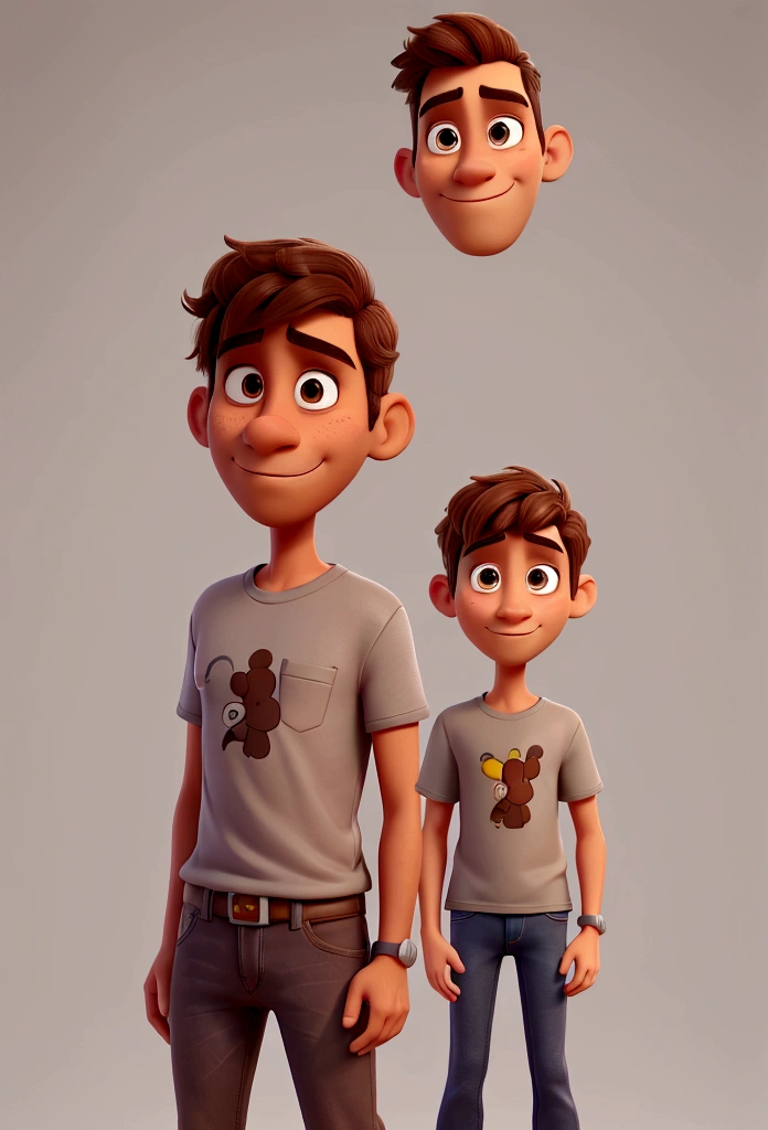 a man, middle-aged, brown, hair shaved low, flat nose and thin mouth, thin, wearing a gray t-shirt and Disney cartoon-style jeans