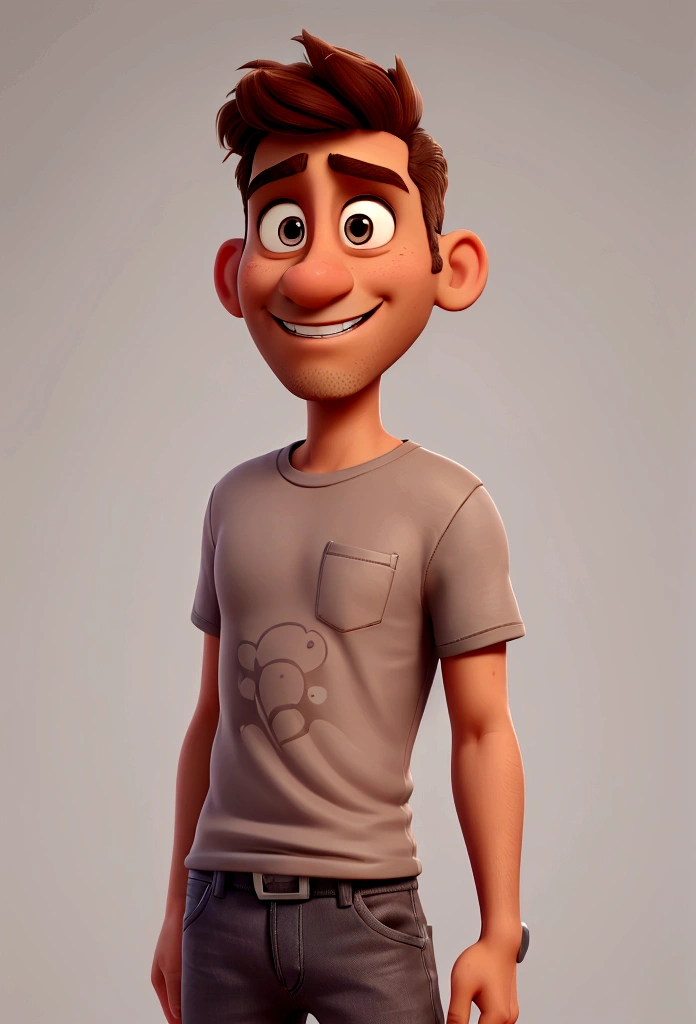 a man, middle-aged, brown, hair shaved low, flat nose and thin mouth, thin, wearing a gray t-shirt and Disney cartoon-style jeans