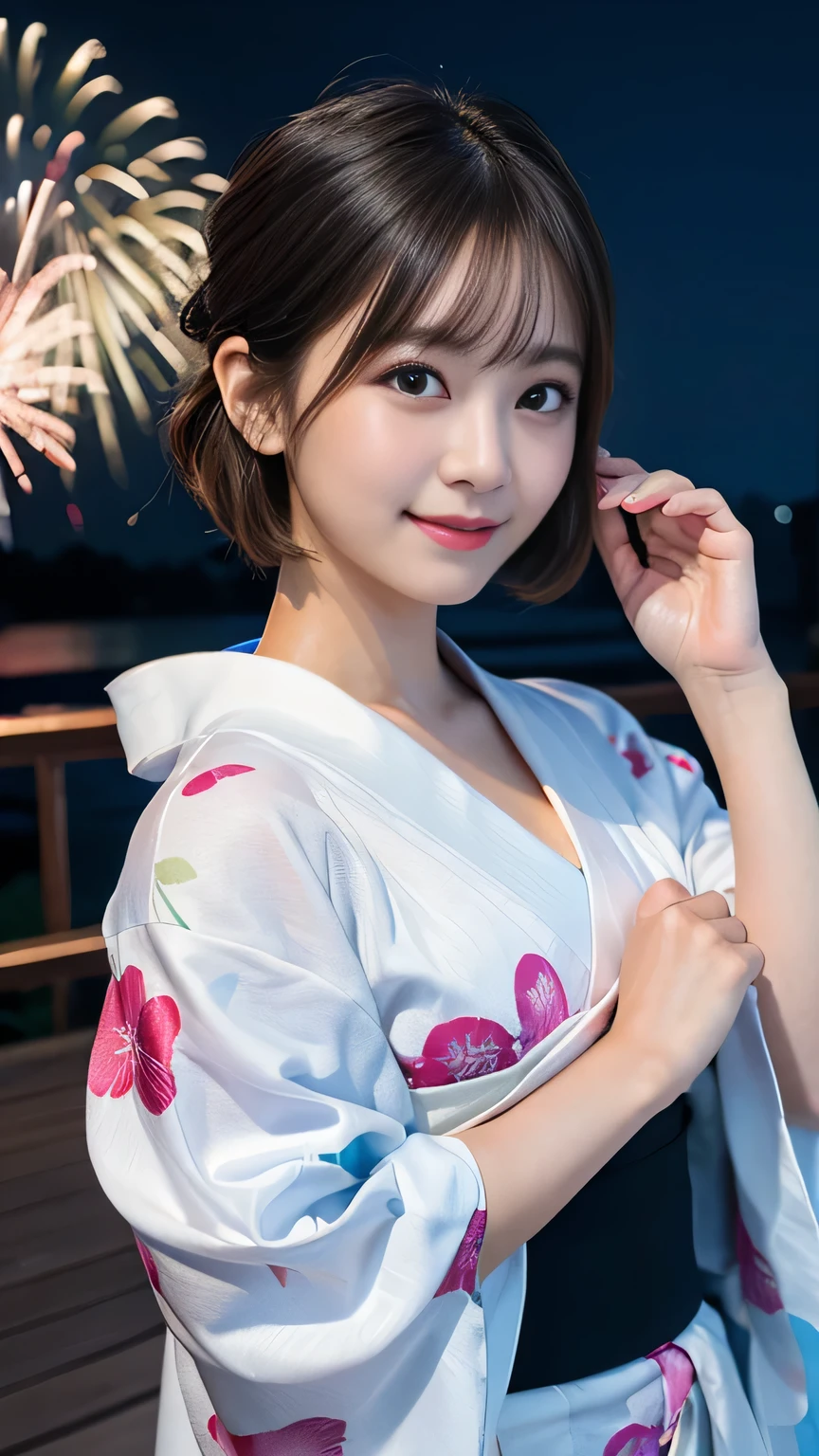(8K、RAW Photosgraphy、Highest quality、masterpiece:1.2)、(Realistic、Photorealistic:1.37)、Ultra-high resolution、One Girl、cute、solo、night、Sitting、date、(Nose redness)、(Laughter:1.1)、(Closed)、huge 、Beautiful Eyes、(short hair:1.2)、(((Fireworks bursting into the sky、night)))、(((kimono、yukata)))、Cleavage、Perfect body、Perfect Fingers、Professional Lighting、Japanese Goddess、gravure、Detailed face and skin texture、Detailed eyes、RAW Photos