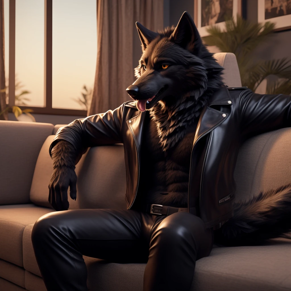 Posing, Male, 30 years old, playful wink, mouth open with tongue hanging out, black leather jacket, anthro, wolf ears, (black fur:1.5), wolf, log cabit backgroud, 8k, hi res, (best quality, masterpiece), (wolf tail:1.5), detailed fur, sitting on couch