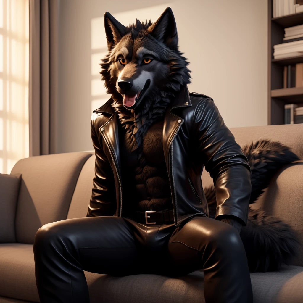 Posing, Male, 30 years old, playful wink, mouth open with tongue hanging out, black leather jacket, anthro, wolf ears, (black fur:1.5), wolf, log cabit backgroud, 8k, hi res, (best quality, masterpiece), (wolf tail:1.5), detailed fur, sitting on couch