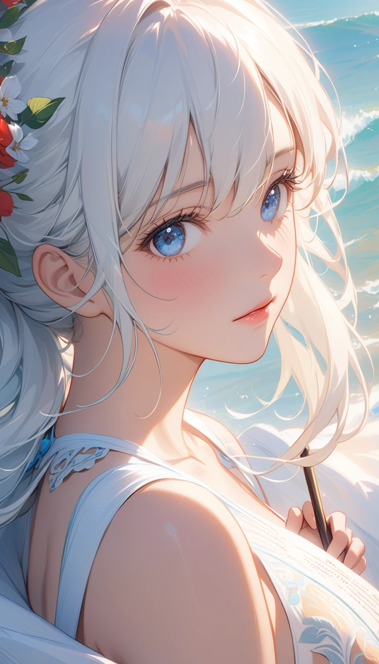 masterpiece, Highest quality, Super Detail, 8K, Detail Light, Detailed Shadows, born, (Delicate skin), (Genuine: 1.1), 1 Girl, White Hair, one piece ,Eye close-up, write