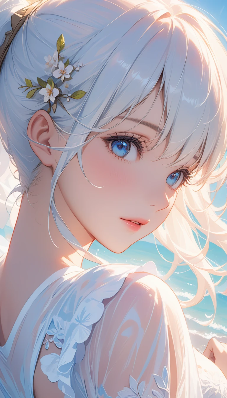 masterpiece, Highest quality, Super Detail, 8K, Detail Light, Detailed Shadows, born, (Delicate skin), (Genuine: 1.1), 1 Girl, White Hair, one piece ,Eye close-up, write
