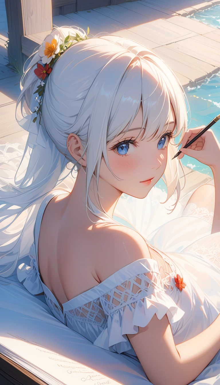 masterpiece, Highest quality, Super Detail, 8K, Detail Light, Detailed Shadows, born, (Delicate skin), (Genuine: 1.1), 1 Girl, White Hair, one piece ，Eye close-up, write
