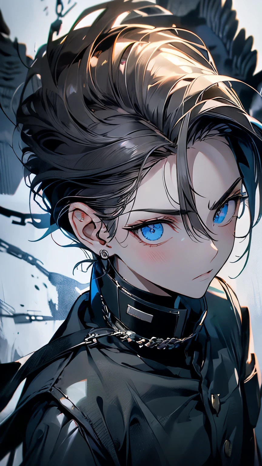 masterpiece、Delicate eyes、One boy、Gray Hair、((Slicked back hair))、(((Black military uniform)))、Serious face、Green Eyes、Put your hands in your pockets