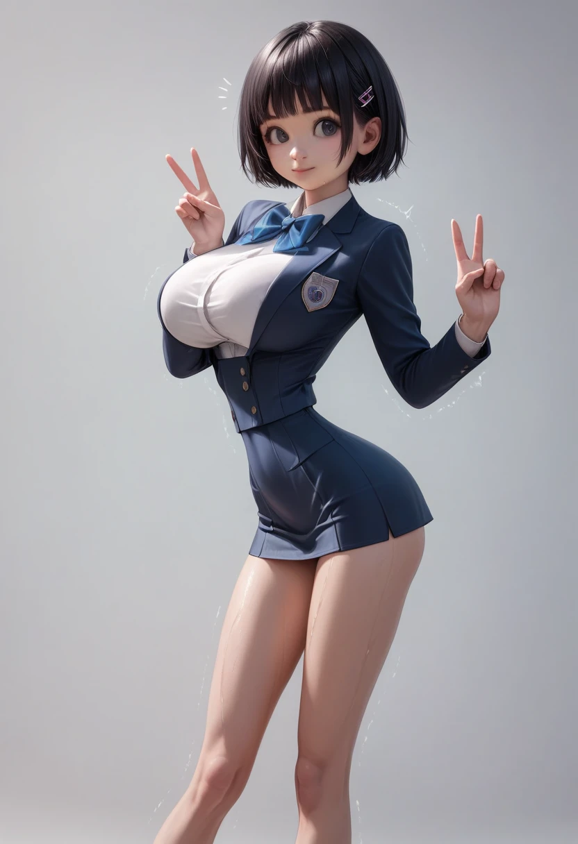 (masterpiece, best quality:1.2), Realistic, front shot, 1girl, kawaii, (super big breasts, micro waist, very long legs:1.4), Big Ass, Black hair, short bob hair, short height, scrawny and thin body, Light Skin, cute big eyes, tiny slender cute face, detailed face, Tight school blazer, miniskirt, pigeon-toed, wet and sweaty, big visible ribs, V sign, Trembling