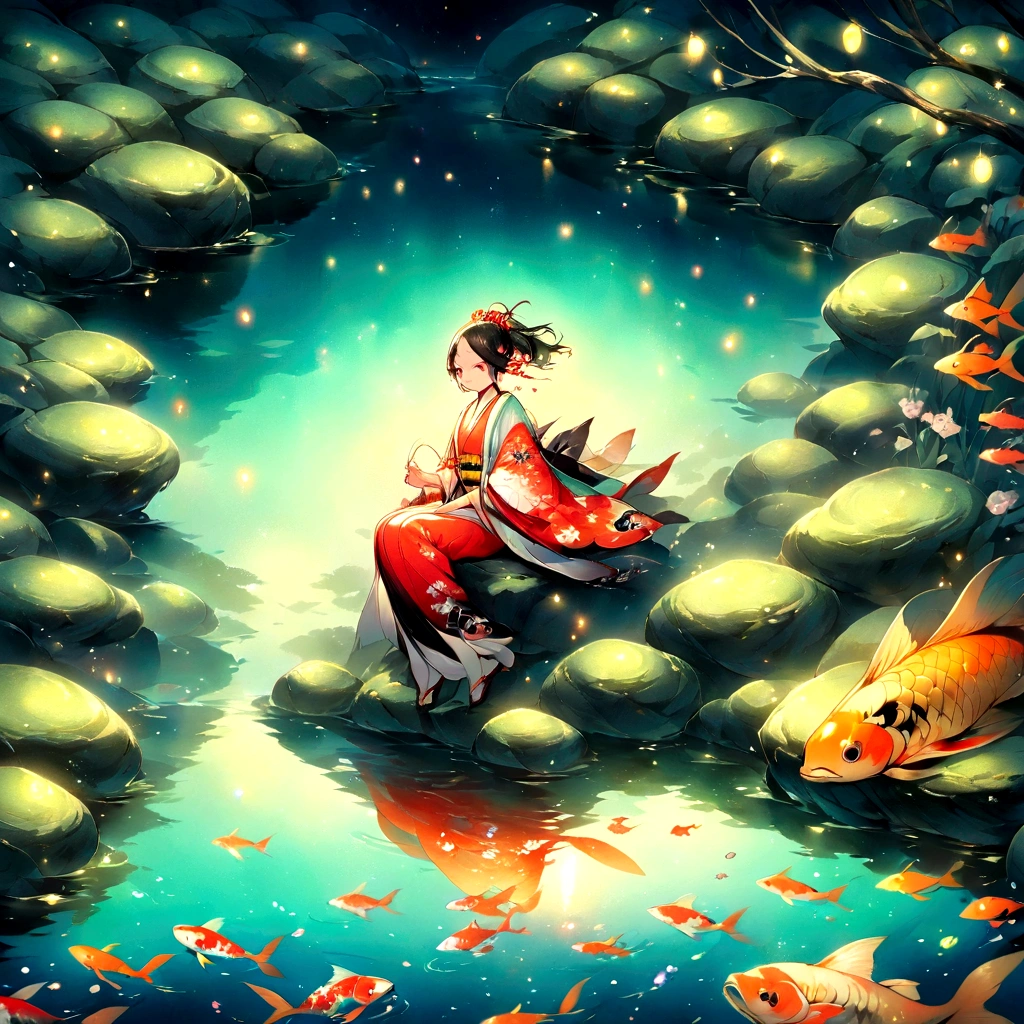 Illustration of a girl sitting in a pond surrounded by koi carp, fireflies and a heron