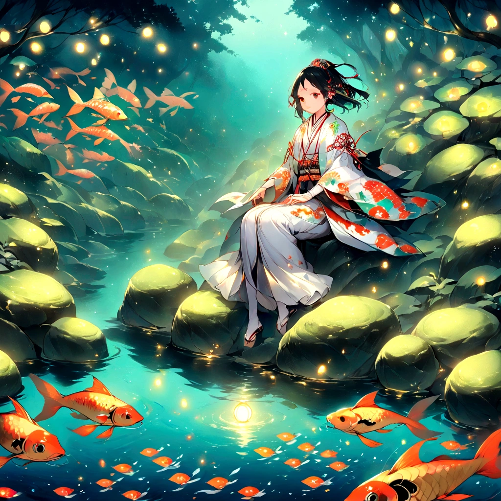 Illustration of a girl sitting in a pond surrounded by koi carp, fireflies and a heron