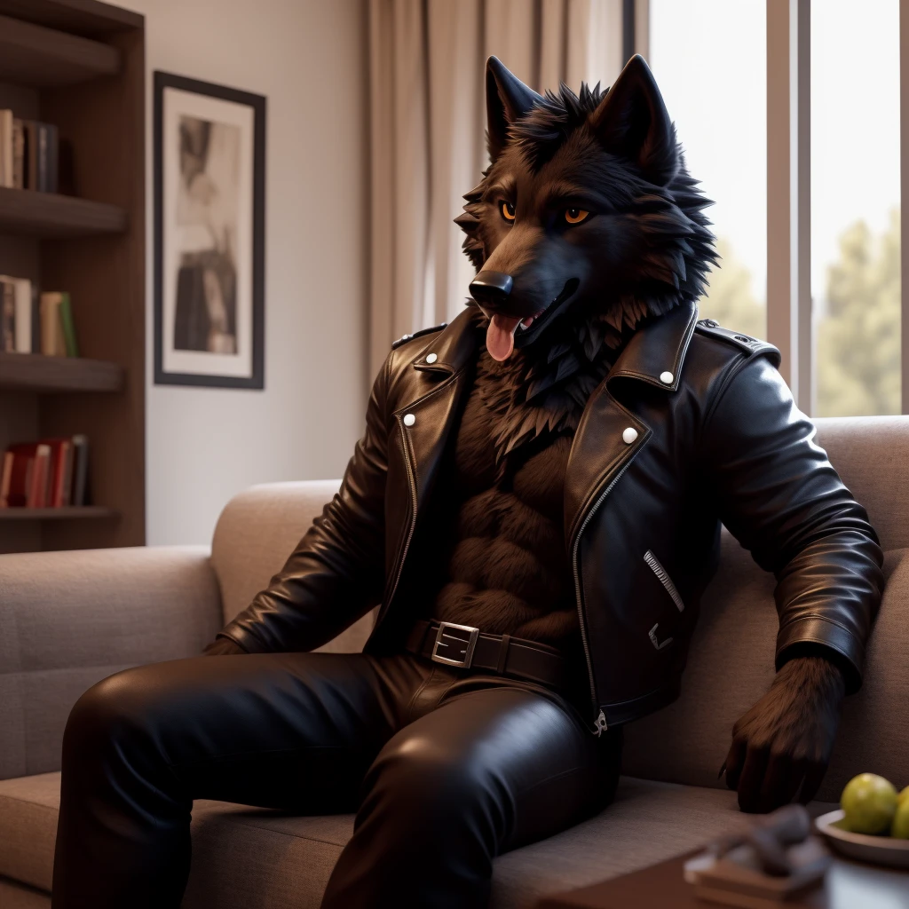 Posing, Male, 30 years old, playful wink, mouth open with tongue hanging out, black leather jacket, anthro, wolf ears, (black fur:1.5), wolf, log cabit backgroud, 8k, hi res, (best quality, masterpiece), (wolf tail:1.5), detailed fur, sitting on couch