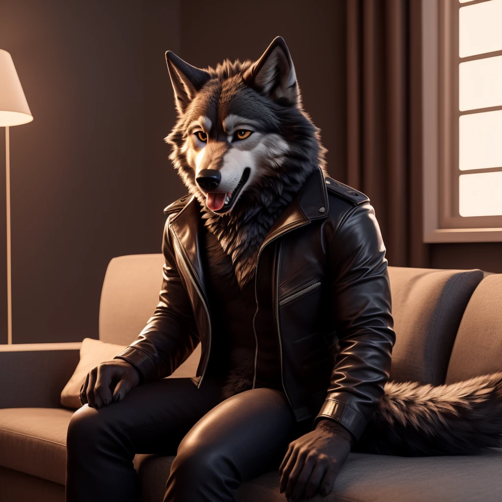 Posing, Male, 30 years old, playful wink, mouth open with tongue hanging out, black leather jacket, anthro, wolf ears, (black fur:1.5), wolf, log cabit backgroud, 8k, hi res, (best quality, masterpiece), (wolf tail:1.5), detailed fur, sitting on couch