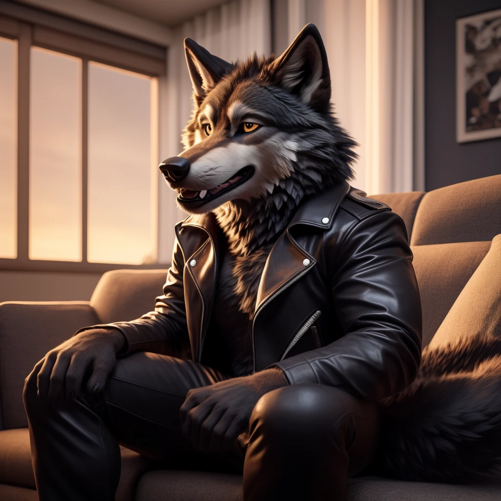 Posing, Male, 30 years old, playful wink, mouth open with tongue hanging out, black leather jacket, anthro, wolf ears, (black fur:1.5), wolf, log cabit backgroud, 8k, hi res, (best quality, masterpiece), (wolf tail:1.5), detailed fur, sitting on couch