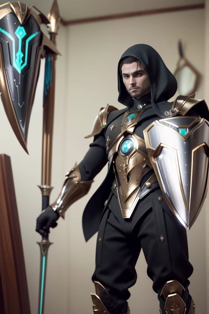 Make an image of a superhero man who wears armor that resembles very futuristic medieval armor who has some small parts in dark green and uses a shield that conducts electricity and a sword that retracts and also conducts electricity