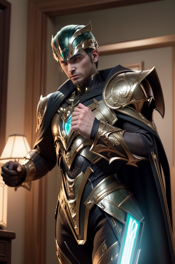 Make an image of a superhero man who wears armor that resembles very futuristic medieval armor who has some small parts in dark green and uses a shield that conducts electricity and a sword that retracts and also conducts electricity