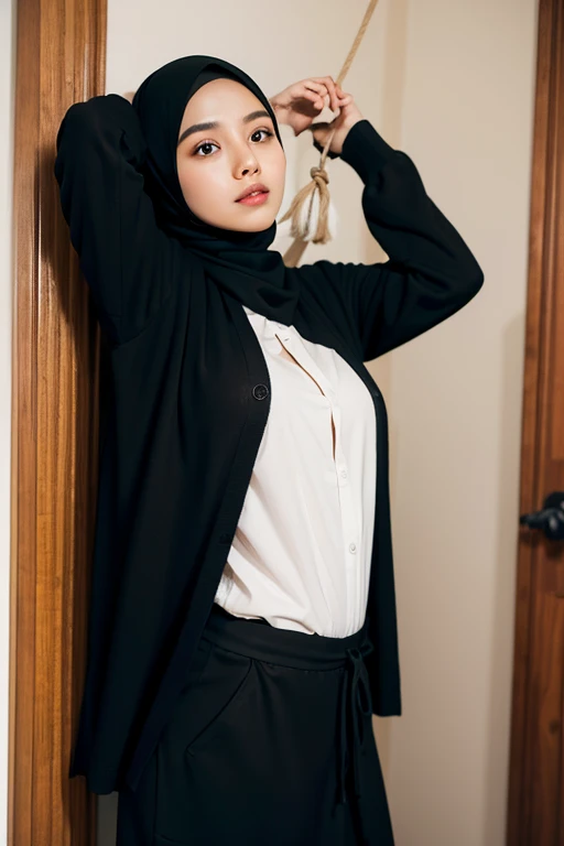 a malay girl wearing black hijab at home... wearing black cardigans with white shirt inside.. standing straight... soft stomach.. less lighting.. hands being tied with rope above head.. looking straight to camera