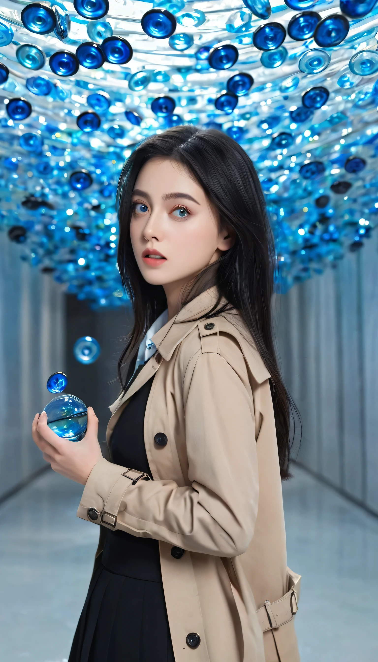 (best quality, masterpiece),(1girl, trench coat,expression face, blue eyes, looking at viewer, black hair, closed mouth, dress shirt, black skirt, hand at viewer), (less blue light, swrling many blue glass pieces behind, floating objects, night sky)