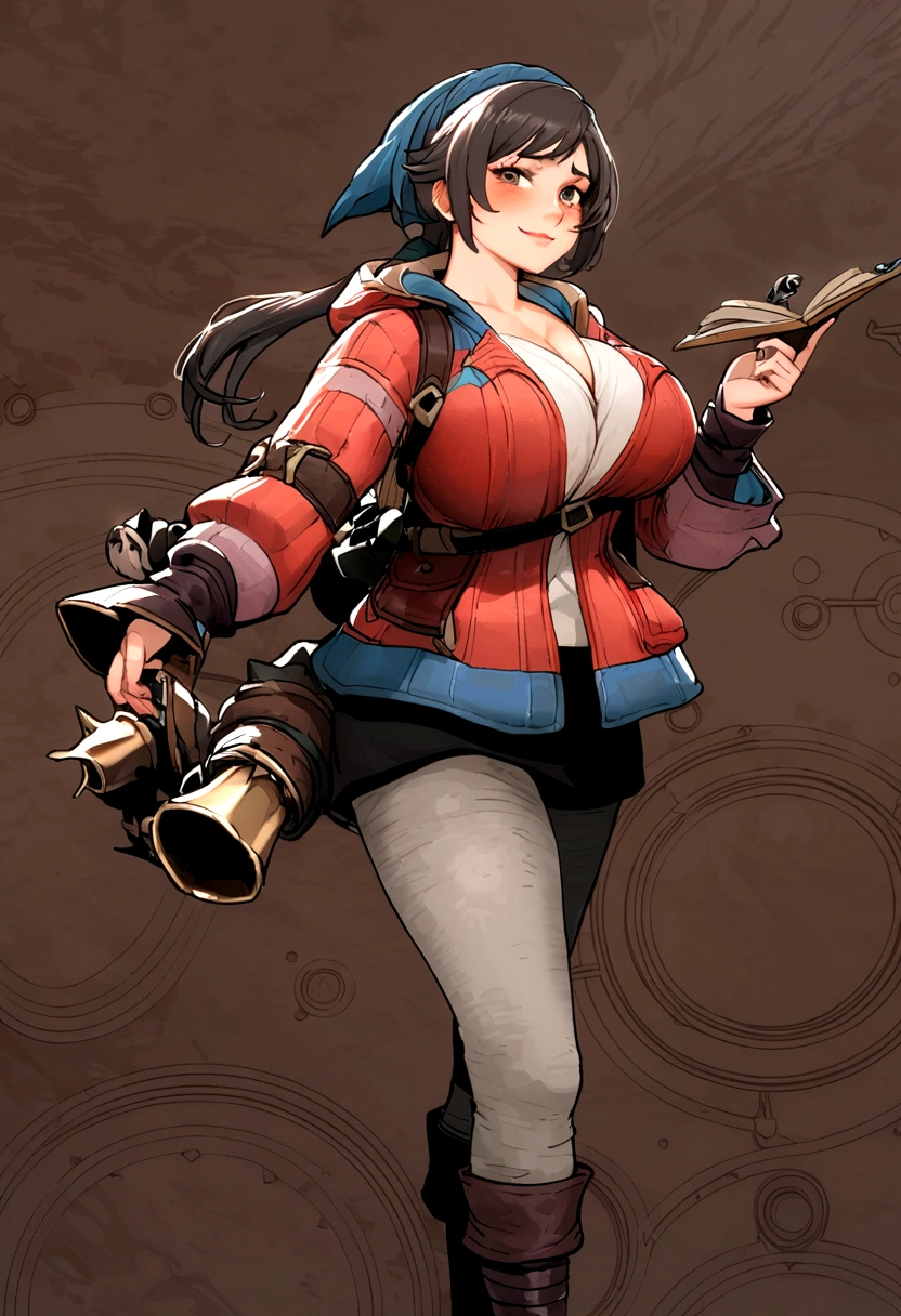 ((monsterhunter)), looking the viewer, solo, girl, shy, red cheek, bashful, embarrassed, smiling, perfect face, ((big breasts)), ((big boobs)), long hair, beautiful eye,