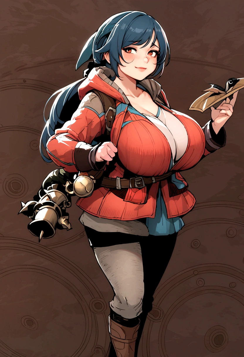 ((monsterhunter)), looking the viewer, solo, girl, shy, red cheek, bashful, embarrassed, smiling, perfect face, ((big breasts)), ((big boobs)),  long hair, beautiful eye, 