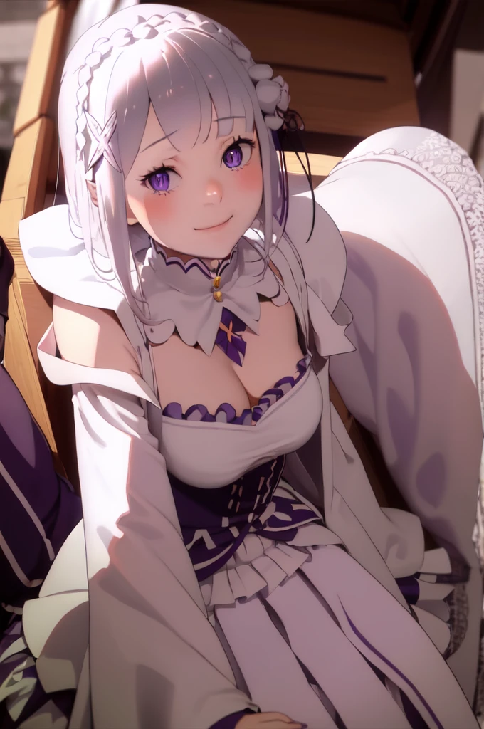 masterpiece, 1girl, Emilia, blunt bangs, long hair, crown braid,
white dress, detached collar, wide sleeves, x hair ornament, hair flower, hair ribbon, white thigh boots, cleavage, purple frills, pleated_white_skirt
sitting on bench, garden, arms at sides,
looking at viewer, (smile:1.2), blush, from above,