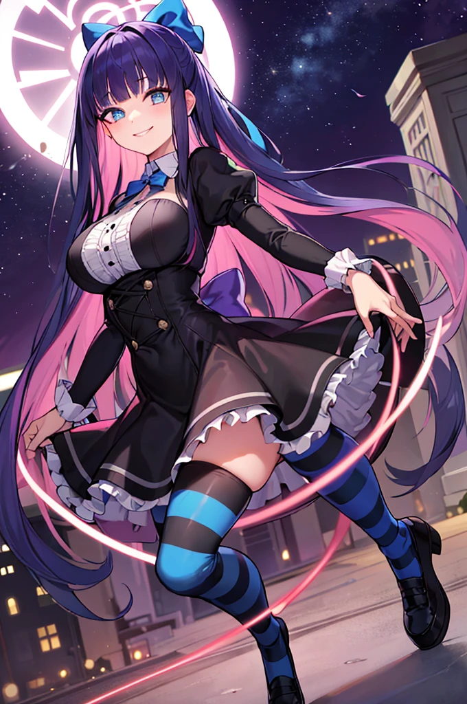 ((best quality)), ((highly detailed)), masterpiece, absurdres, (detailed eyes, deep eyes), (1girl), dynamic pose, full body, stocking_anarchy, stocking_\(psg\), blue eyes, large breasts, blunt bangs, (multicolored hair, colored inner hair, purple hair, pink hair), bow, lolita_fashion, black dress, striped, striped legwear, stockings, GlowingNightmare, smile, neon colors, glowing