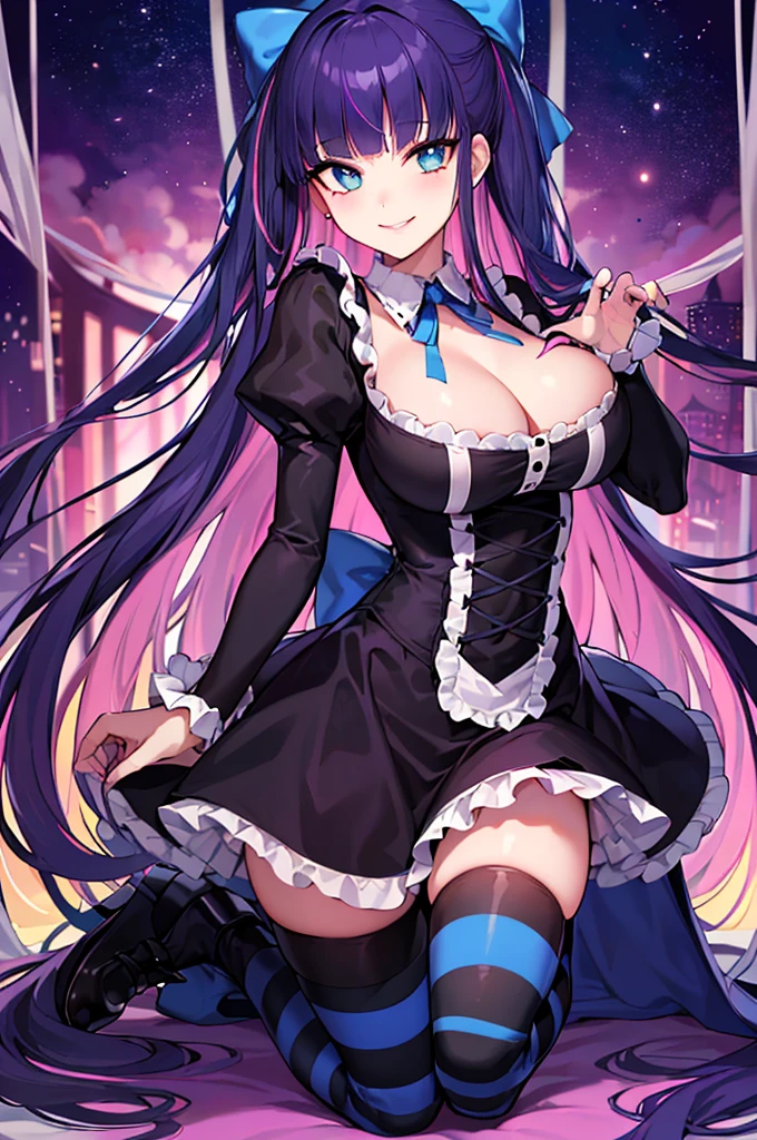 ((best quality)), ((highly detailed)), masterpiece, absurdres, (detailed eyes, deep eyes), (1girl), dynamic pose, full body, stocking_anarchy, stocking_\(psg\), blue eyes, large breasts, blunt bangs, (multicolored hair, colored inner hair, purple hair, pink hair), bow, lolita_fashion, black dress, striped, striped legwear, stockings, GlowingNightmare, smile, neon colors, glowing