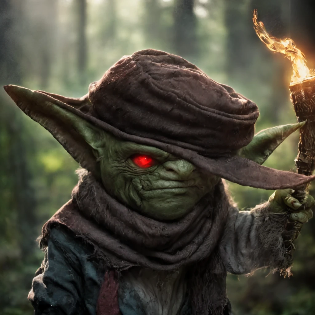 (masterpiece)+, (extremely (realistic)+,a portrait of an extremely ugly green skined goblin male bard , red eyes, green skin, dirty, Holding a torch in one hand and ventriloquist dummy in other, Wearing scarf over the face, wearing ragged and dirty hat and rags, Agitated stare. Looking in camera. volumetrics dtx, Photorealistic, ultra detailed, Artstation trending, very very detailed, realistic shaded lighting, dynamic shadows, detailed Forest background, upper body, professional photograph of a detailed skin, sharp focus, dramatic, award winning, cinematic lighting, octane render, unreal engine, volumetrics dtx, Photorealistic, ultra detailed, Artstation trending, very very detailed, hyperrealistic, fine details, realistic shaded lighting, dynamic shadows, Forest background, add_detail:1, skin pores and wrinkles, details.,More Reasonable Details