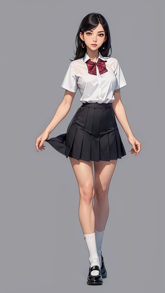 ((Highest quality,4K,High resolution,masterpiece:1.2)),((Character Concept Art)), 1 female,  Girl, 15 yearbeauty queen, ((肩までの長さのBlack Hair)), Black Hair, (Skin color is white), Very fine grain (Eye color: black), Innocent, beautiful, , slim body build, ((Intricate details)), Very finely crafted needles, Very finely crafted fingers(((10 fingers))), Please wear a white short-sleeved school shirt with a bow tie, Gray school skirt, Knee-length school socks, Black School Loafers, (Standing casually), (Full-body showcase), (Please show me your whole body), (No logos on background), (No logo), ((Plain background)), ((Plain background)), (((Sky Background)))