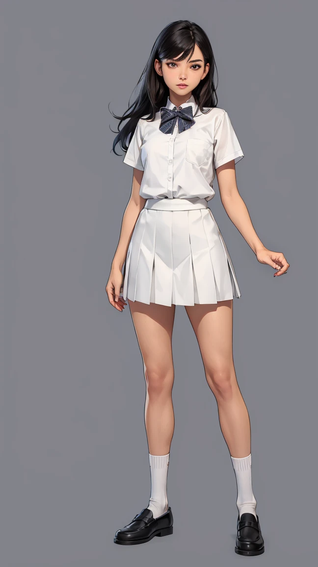 ((Highest quality,4K,High resolution,masterpiece:1.2)),((Character Concept Art)), 1 female, age Girl, 15 yan beauty queen, ((肩までの長さのBlack Hair)), Black Hair, (Skin color is white), Very fine grain (Eye color: black), Innocent, beautiful, , slim body build, ((Intricate details)), Very finely crafted needles, Very finely crafted fingers(((10 fingers))), Please wear a white short-sleeved school shirt with a bow tie, Gray school skirt, Knee-length school socks, Black School Loafers, (Standing casually), (Full-body showcase), (Please show me your whole body), (No logos on background), (No logo), ((Plain background)), ((Plain background)), (((Sky Background)))