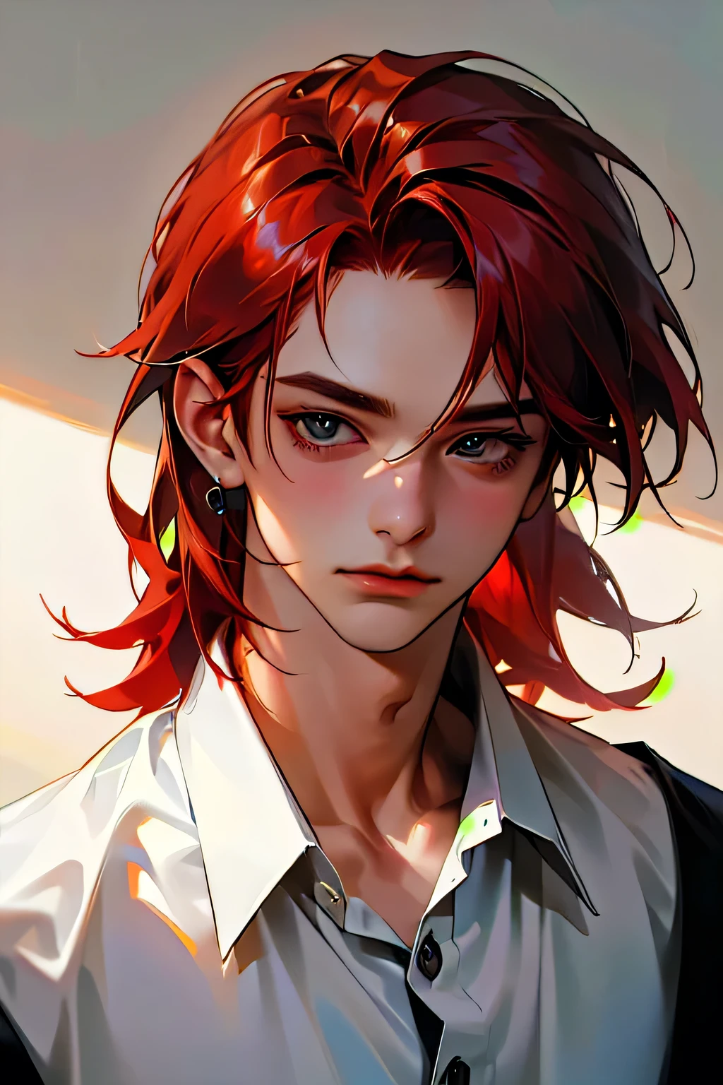 (absurdres, highres, ultra detailed, HDR), masterpiece, best quality, 1boy, solo, handsome, (((red hair))), finely eye and detailed face, forehead, ((loose white shirt)), look at viewer, ear piecing, красивые глаза, шедевр, хорошее качество, надменная улыбка, (((рыжие волосы)), ((рубашка)), синие темные глаза