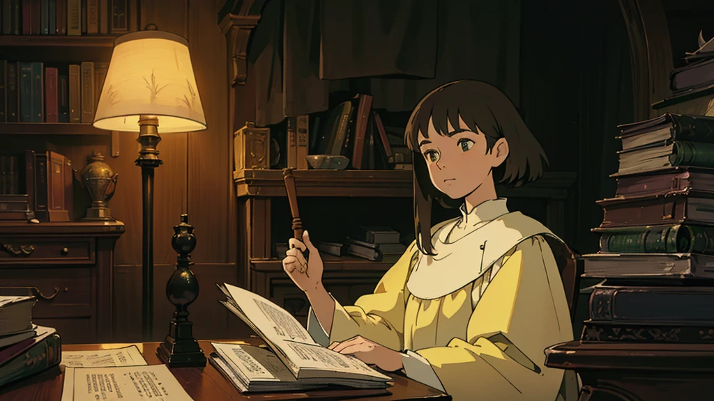 A girl, ensconced in a cozy corner on a rainy evening, sits surrounded by a jumble of books with an intensely profound study attitude. The soft yellow glow of the desk lamp illuminates her thoughtful expression, revealing her deep concentration and composed posture. Her inquisitive eyes dart back and forth between the pages, her nimble fingers turning them with subtle tilt, as she absorbs the old world wisdom contained within. The timeworn margins and sultry aura of the books add to the quiet night ambiance, creating a peaceful and tranquil countenance. This scholarly young woman, clad in plain attire, appears to be a seeker of knowledge and intellect,Width cat
