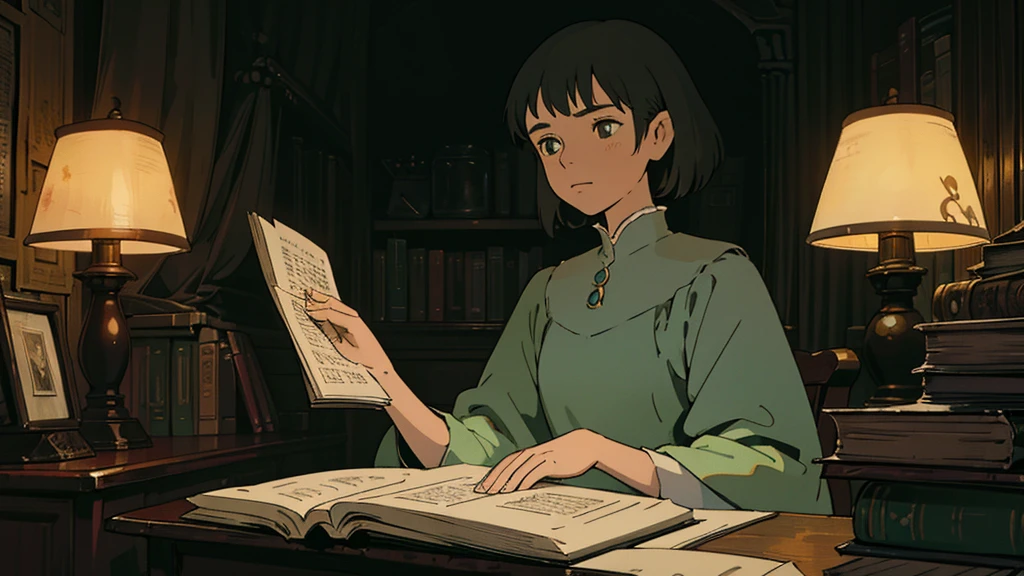 A girl, ensconced in a cozy corner on a rainy evening, sits surrounded by a jumble of books with an intensely profound study attitude. The soft yellow glow of the desk lamp illuminates her thoughtful expression, revealing her deep concentration and composed posture. Her inquisitive eyes dart back and forth between the pages, her nimble fingers turning them with subtle tilt, as she absorbs the old world wisdom contained within. The timeworn margins and sultry aura of the books add to the quiet night ambiance, creating a peaceful and tranquil countenance. This scholarly young woman, clad in plain attire, appears to be a seeker of knowledge and intellect,Width cat