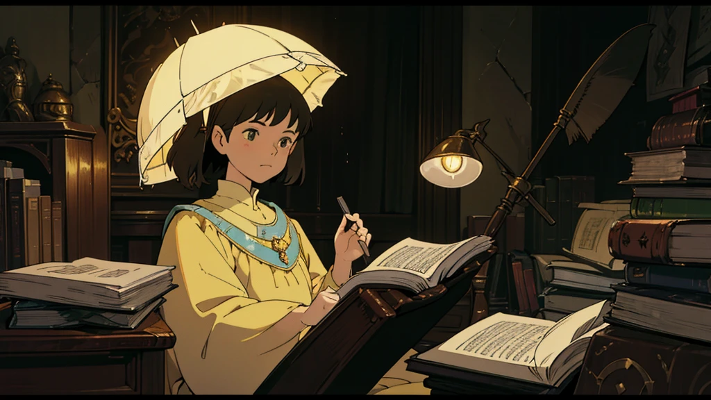 A girl, ensconced in a cozy corner on a rainy evening, sits surrounded by a jumble of books with an intensely profound study attitude. The soft yellow glow of the desk lamp illuminates her thoughtful expression, revealing her deep concentration and composed posture. Her inquisitive eyes dart back and forth between the pages, her nimble fingers turning them with subtle tilt, as she absorbs the old world wisdom contained within. The timeworn margins and sultry aura of the books add to the quiet night ambiance, creating a peaceful and tranquil countenance. This scholarly young woman, clad in plain attire, appears to be a seeker of knowledge and intellect,Width cat