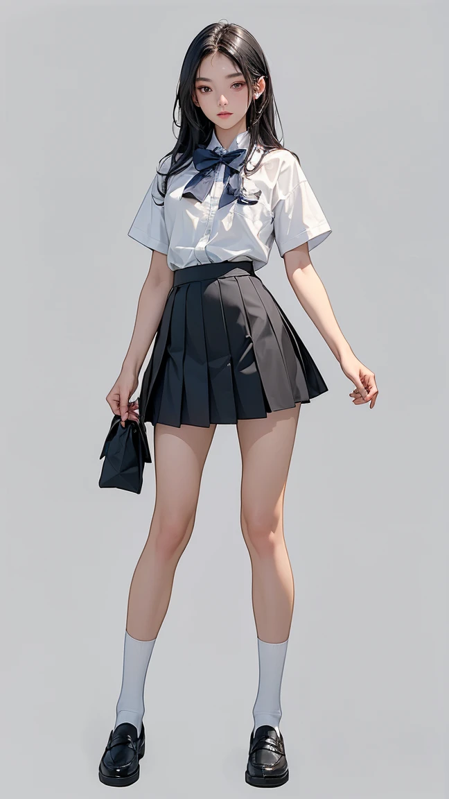((Highest quality,4K,High resolution,masterpiece:1.2)),((Character Concept Art)), 1 female, Teenage Girl, 15 year old asian beauty queen, ((肩までの長さのBlack Hair)), Black Hair, (Skin color is white), Very fine grain (Eye color: black), Innocent, beautiful, , slim body build, ((Intricate details)), Very finely crafted needles, Very finely crafted fingers(((10 fingers))), Please wear a white short-sleeved school shirt with a bow tie, Gray school skirt, Knee-length school socks, Black School Loafers, (Standing casually), (Full-body showcase), (Please show me your whole body), (No logos on background), (No logo), ((Plain background)), ((Plain background)), (((Sky Background)))