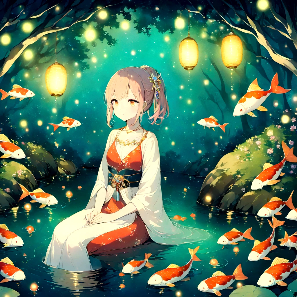 Illustration of a girl sitting in a pond surrounded by koi carp, fireflies and a heron