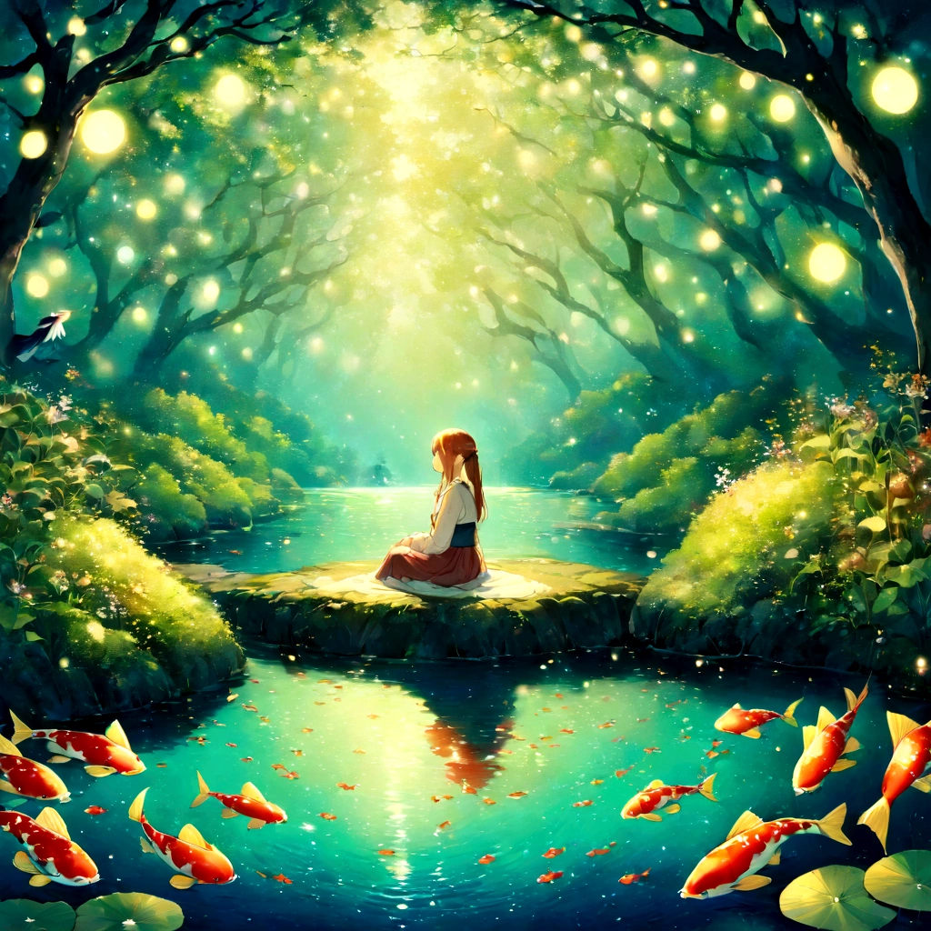 Illustration of a girl sitting in a pond surrounded by koi carp, fireflies and a heron