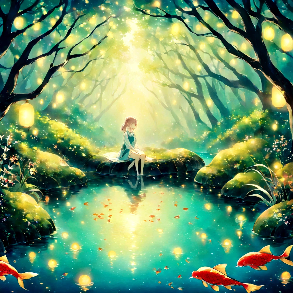 Illustration of a girl sitting in a pond surrounded by koi carp, fireflies and a heron