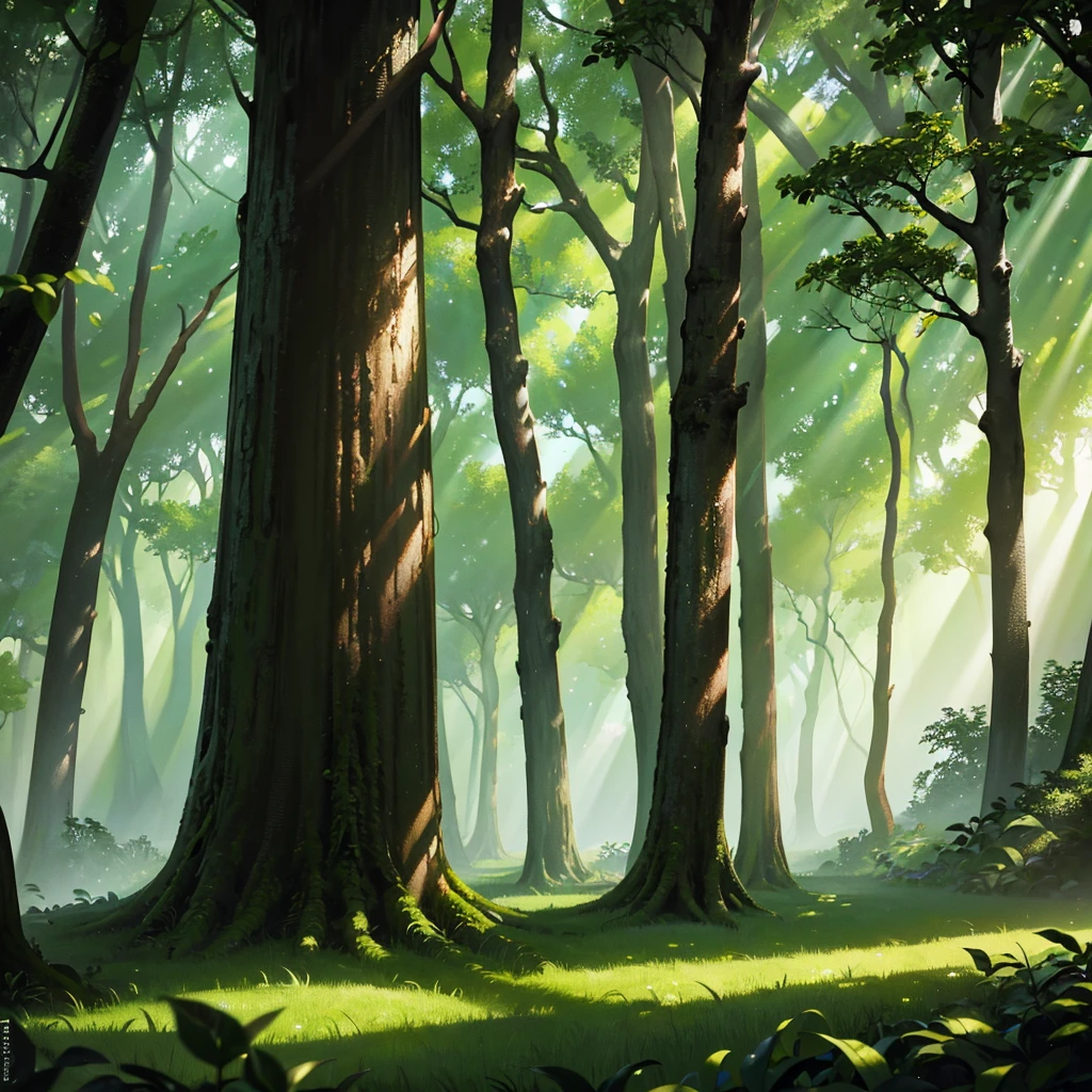 A dense, mysterious forest with towering trees, dappled sunlight filtering through the lush green leaves, intricate details, stunning realism, highly detailed, 4k, 8k, photorealistic, masterpiece, cinematic lighting, dramatic shadows, serene atmosphere, vibrant colors, nature landscape, outdoor scene