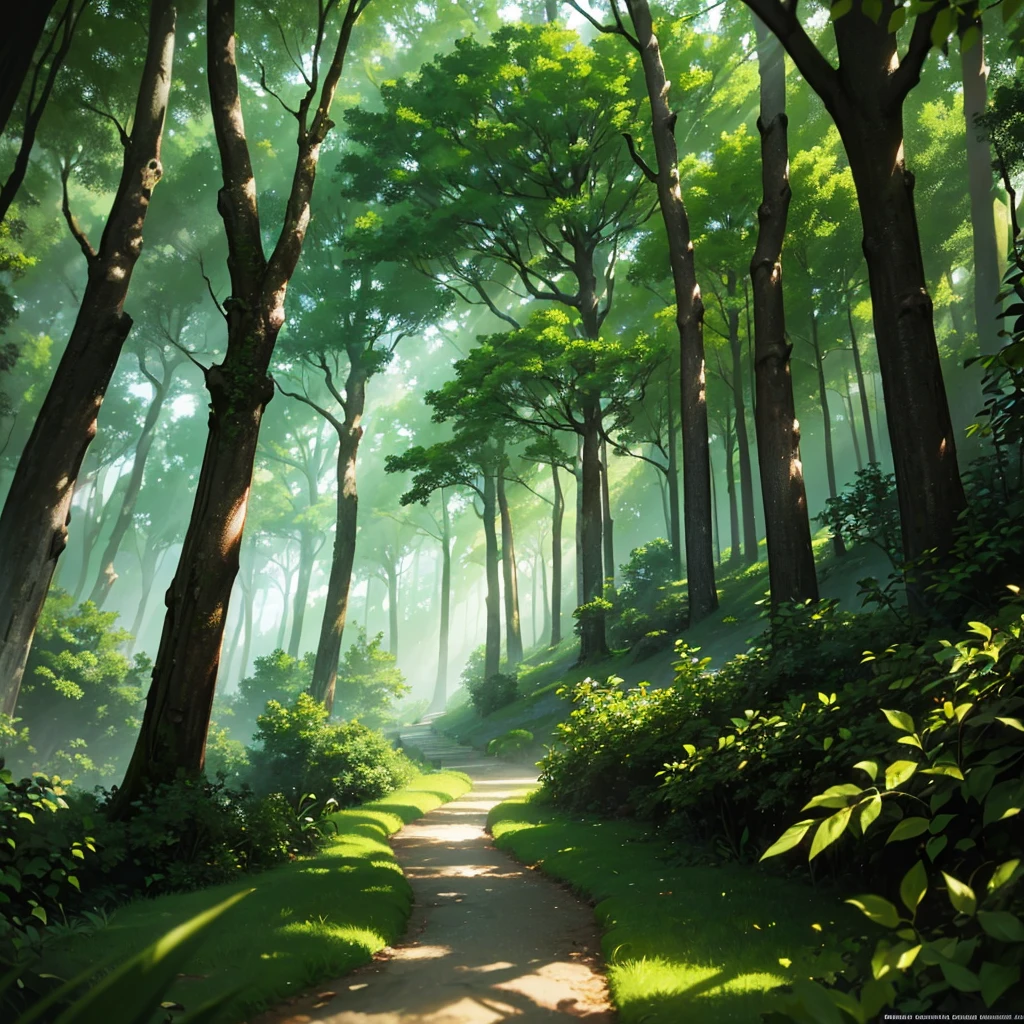 A dense, mysterious forest with towering trees, dappled sunlight filtering through the lush green leaves, intricate details, stunning realism, highly detailed, 4k, 8k, photorealistic, masterpiece, cinematic lighting, dramatic shadows, serene atmosphere, vibrant colors, nature landscape, outdoor scene
