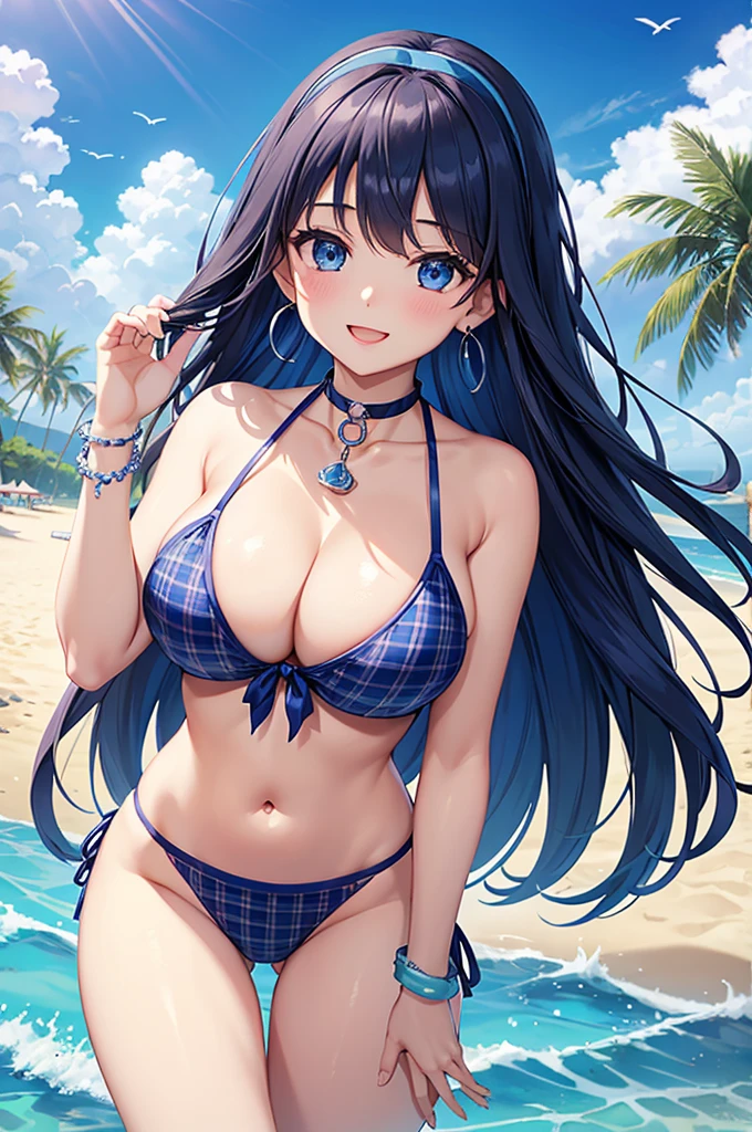 Highest quality、Highest quality、masterpiece、Beauty(Age 25)、(8K),Navy blue long hair、blue eyes、Sexy plaid bikini、Big cleavage、(Big Breasts),smile、blue necklace、Blue Earrings、background(Beach)、Please open your mouth wide、White headband、bracelet、Dynamic pose、Blue choker